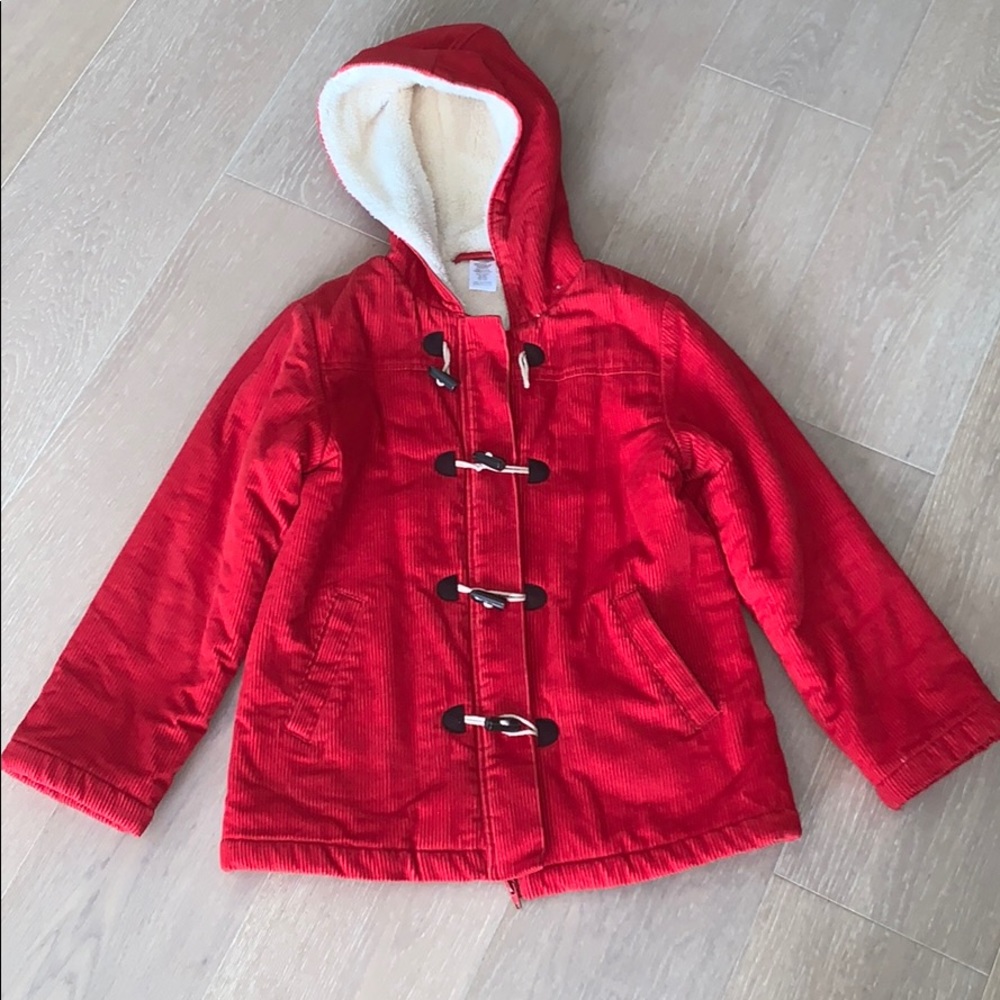 Red corduroy hooded coat With Sherpa lining.